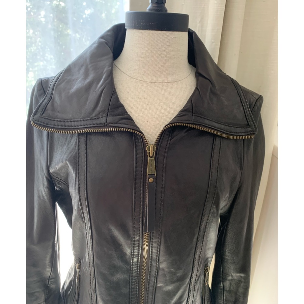 MICHAEL Michael Kors Black Leather Zip-Front Jacket with Stand Collar